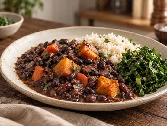 Prato de feijoada vegetariana servida com arroz branco e couve fatiada