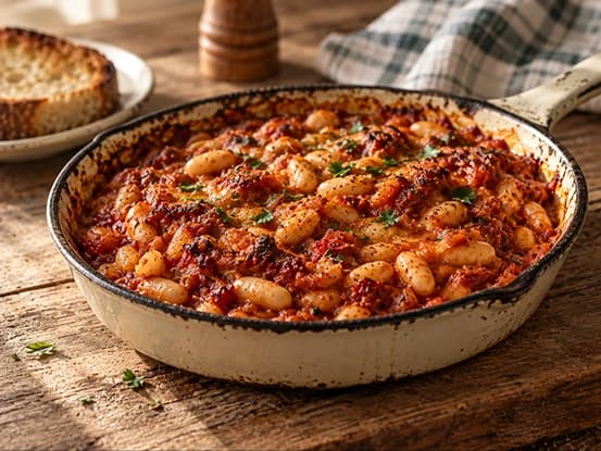Feijão branco assado com molho de tomate e queijo gratinado na frigideira
