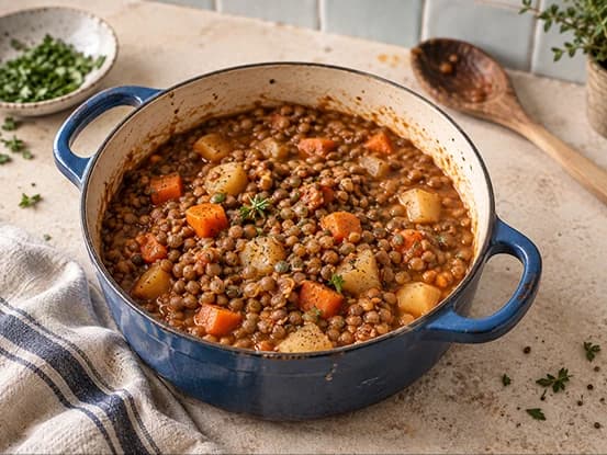 Ensopado de lentilha com cenoura e batata em panela azul