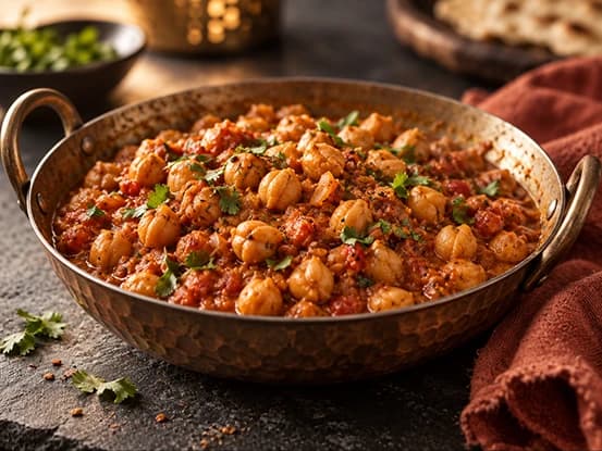 Curry de grão-de-bico com molho de tomate e coentro em frigideira indiana