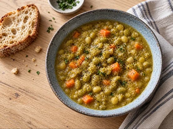 Sopa de ervilha com cenoura servida com fatia de pão artesanal