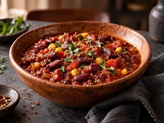 Chili de feijão vermelho com milho e especiarias em tigela de cerâmica