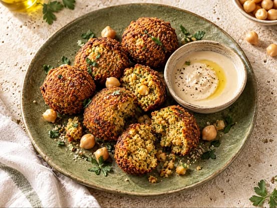 Bolinhos de falafel dourados com molho de tahine e grão-de-bico