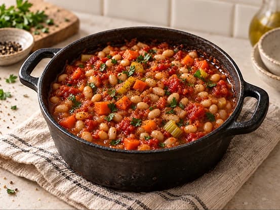 Ensopado de feijão branco com legumes ao molho de tomate
