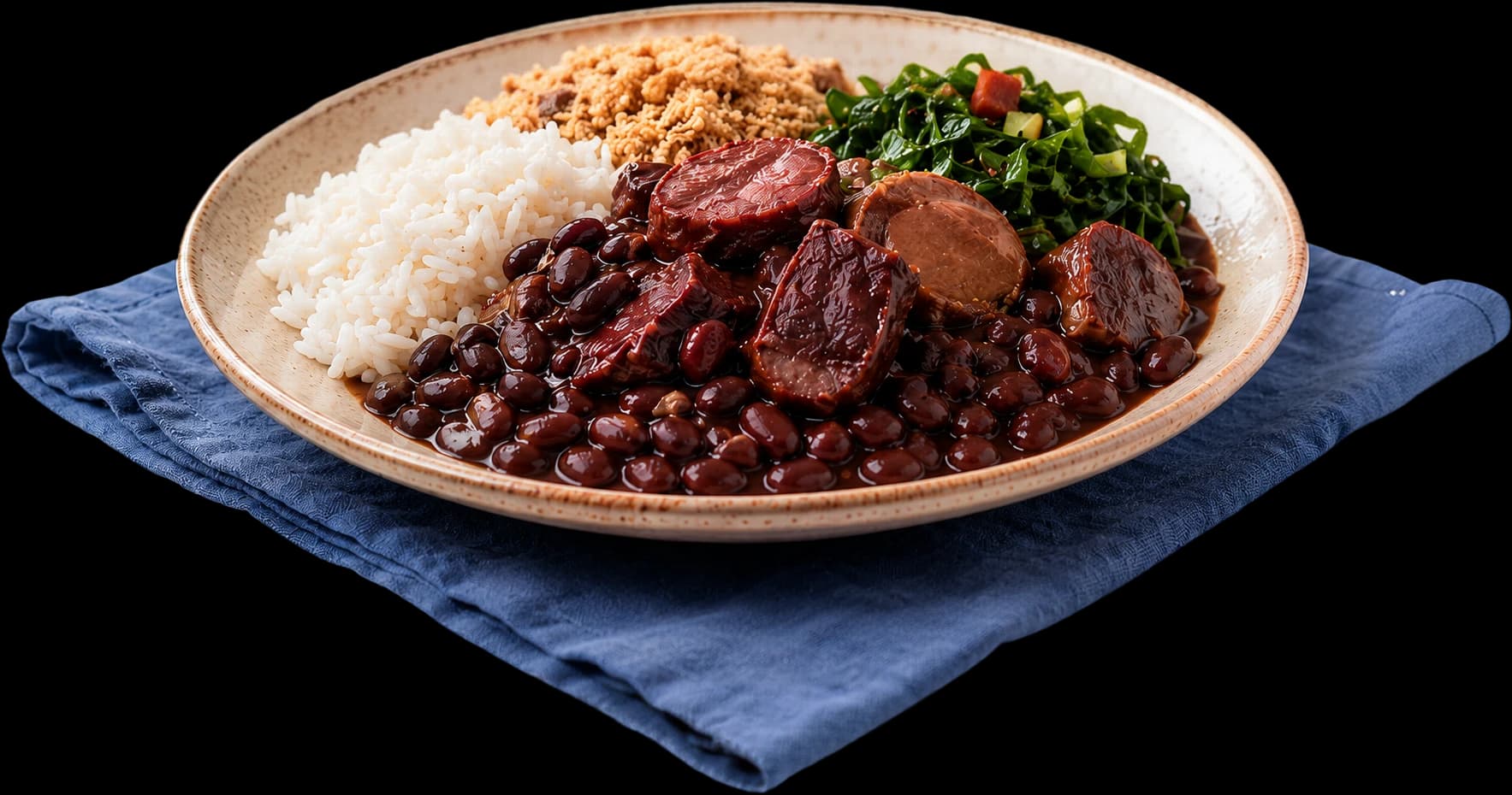 Prato de feijoada com arroz, farofa e couve